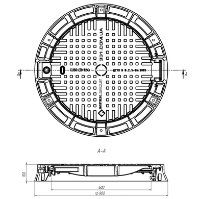 Люк чавунний каналізаційний важкого типу "Т" С250 із з/п + шарнір (d800 мм, h-100 мм) ВЧ (КТ-4)